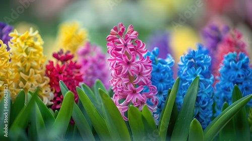 Anna Lizas Embrace Hyacinths in vibrant hues, known as Anna Liza, burst forth in a riot of color, illuminating the garden with their exquisite beauty photo