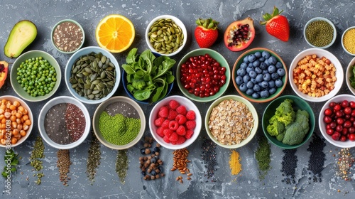 Clean Eating Inspiration A vibrant array of clean eating foods leafy greens, colorful fruits, seeds, superfoods, and cereals are beautifully arranged on a textured gray surface The visual cele