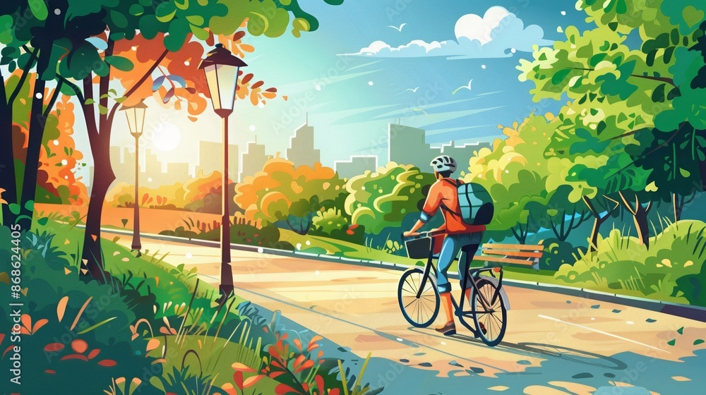 custom made wallpaper toronto digitalIllustration of a cyclist on a sunny day, vibrant colors, welcoming colors, city park background, nature scenery