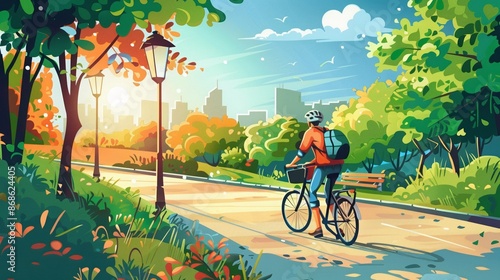 Illustration of a cyclist on a sunny day, vibrant colors, welcoming colors, city park background, nature scenery 