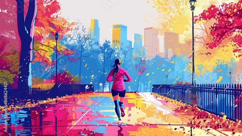 Art of a runner in motion, bright and welcoming colors, city park background