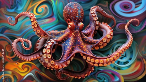 Wallpaper Mural Octopus Odyssey  A vibrant digital illustration explodes with color  A playful octopus, its tentacles reaching out in a swirl of bold hues, swims through an abstract background of swirling patterns an Torontodigital.ca