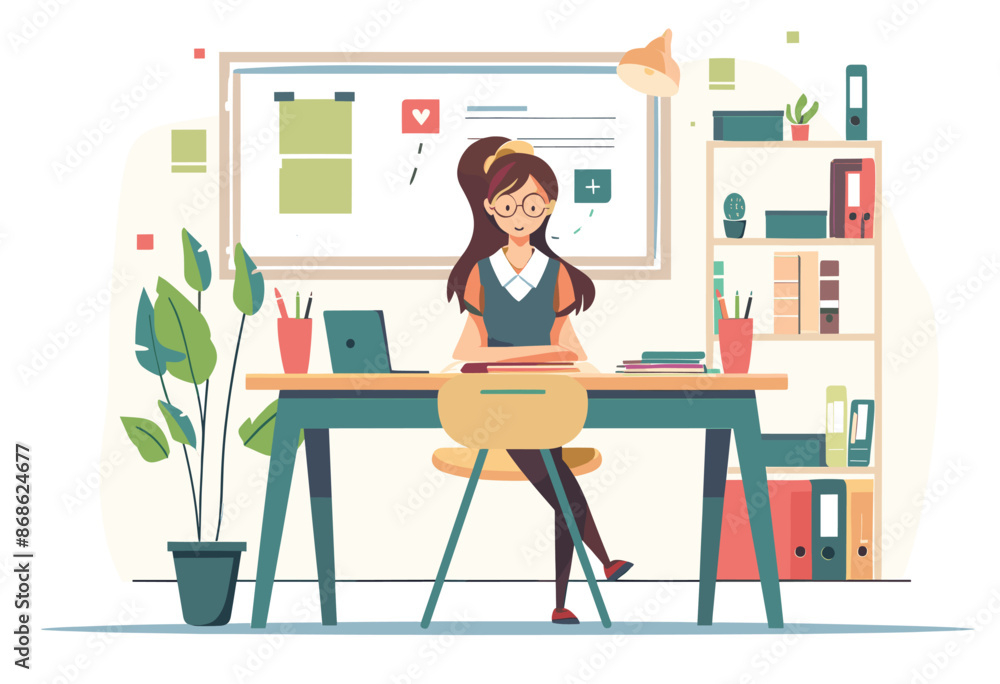 Teacher sitting at a desk in a classroom, surrounded by books and plants. Flat design illustration Teacher sitting at a desk in a classroom, surrounded by books and plants. Flat design illustration