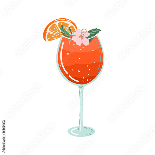 Cool Summer drink. Spritz Cocktail. Glass with beverage, orange slice, flower and herbs decor. Orange juice lemonade. Traditional Italian aperitif. Hand drawn vector illustration.

