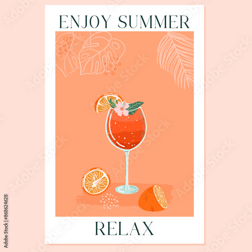 Aperol Spritz Cocktail. Glass of Summer fruit drink with orange slice, flower and mint. Refreshing lemonade. Hand drawn flat style colorful trendy vector illustration.