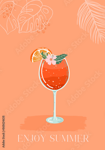 Spritz Cocktail. Glass of Summer fruit drink with orange slice, flower and mint. Refreshing lemonade. Hand drawn flat style colorful trendy vector illustration.