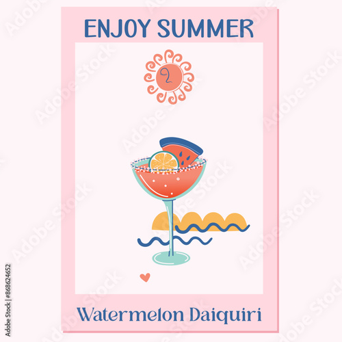 Daiquiri Cocktail poster. Glass of Summer fruit drink with watermelon and lime slices. Minimalistic retro style design. Hand drawn flat style vector illustration.
