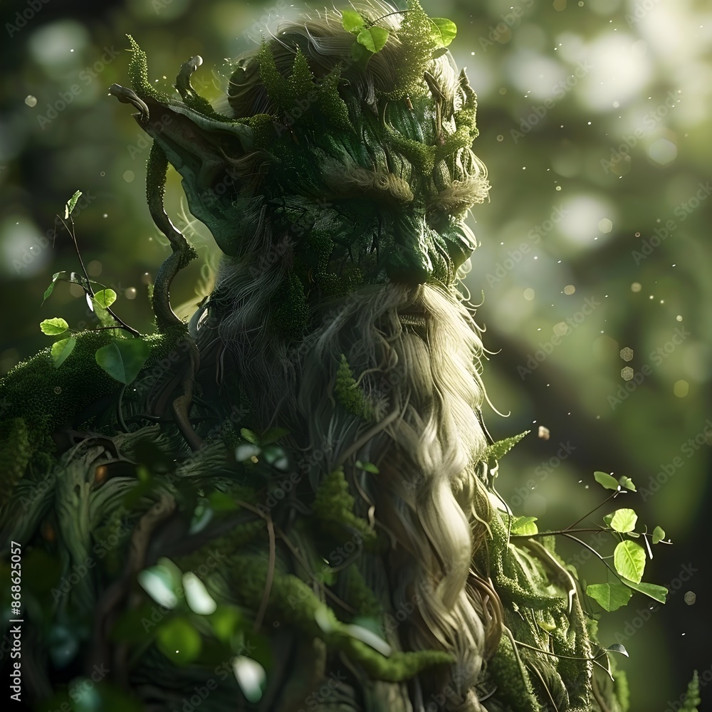 Obraz premium Moss-Covered Forest Guardian Emerges from the Ancient Woodland Sanctuary