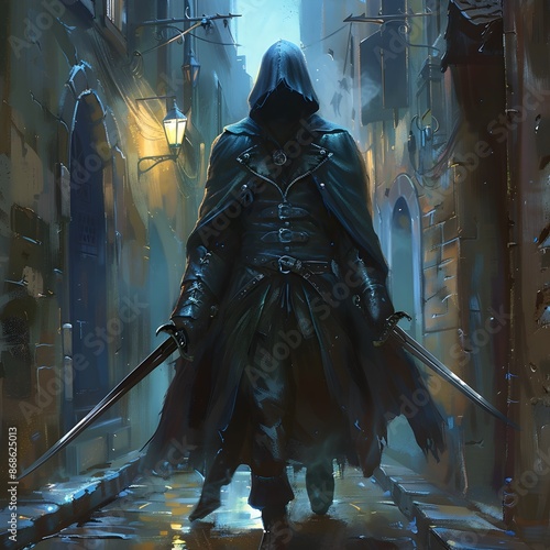 Gothic Vampire Hunter Stalking the Moonlit Alleyways with Deadly Arsenal