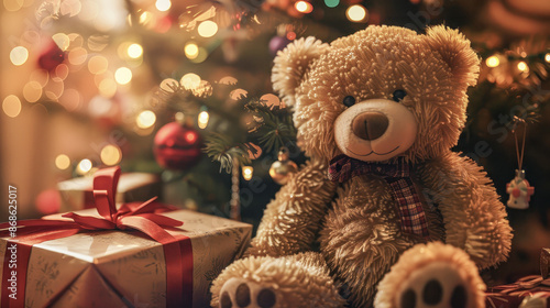 Cozy Christmas scene with teddy bear and presents