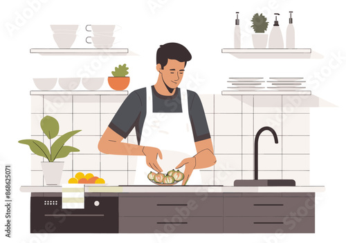 Man preparing food in a modern kitchen, wearing an apron and surrounded by kitchenware. Flat design vector illustration
