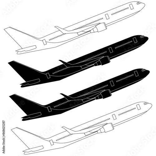 Aeroplane taking off illustration in Black outline, black and white, white and black and black and knockout isolated on a white or transparent background