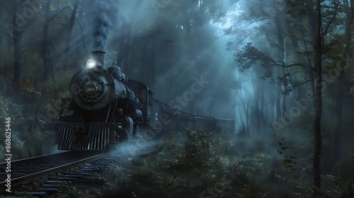 A haunting forest at night with a ghost train emerging from the mist very detailed and realistic shape