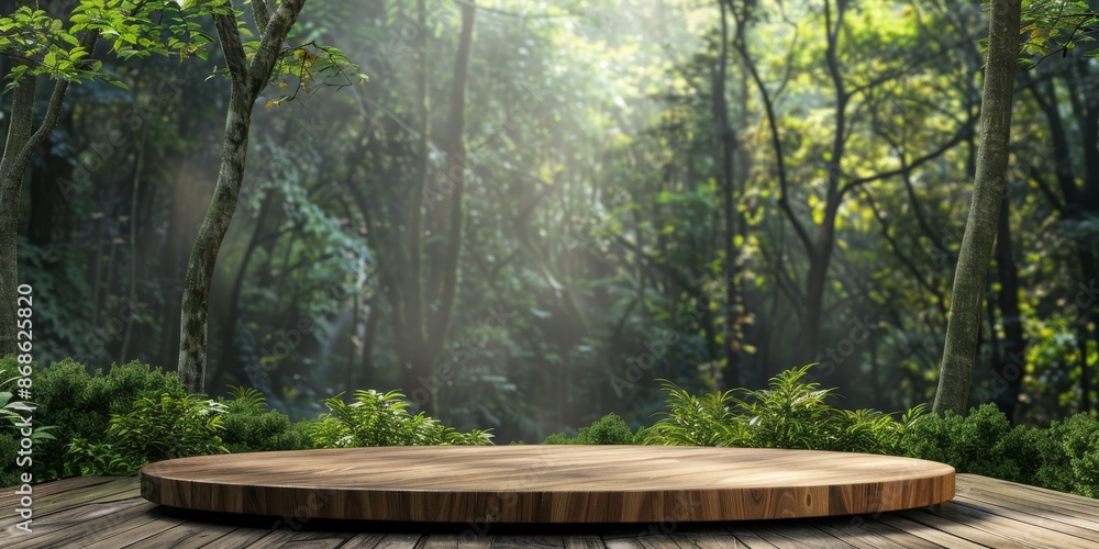 Wood tabletop podium floor in outdoors tropical garden forest blurred green leaf plant nature background.Natural product placement pedestal stand display,jungle paradise concept. High quality photo Wood tabletop podium floor in outdoors tropical garden forest blurred green leaf plant nature background.Natural product placement pedestal stand display,jungle paradise concept. High quality photo