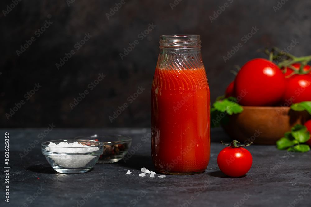 fresh tomato juice in a glass bottle on a dark background, closeup fresh tomato juice in a glass bottle on a dark background, closeup