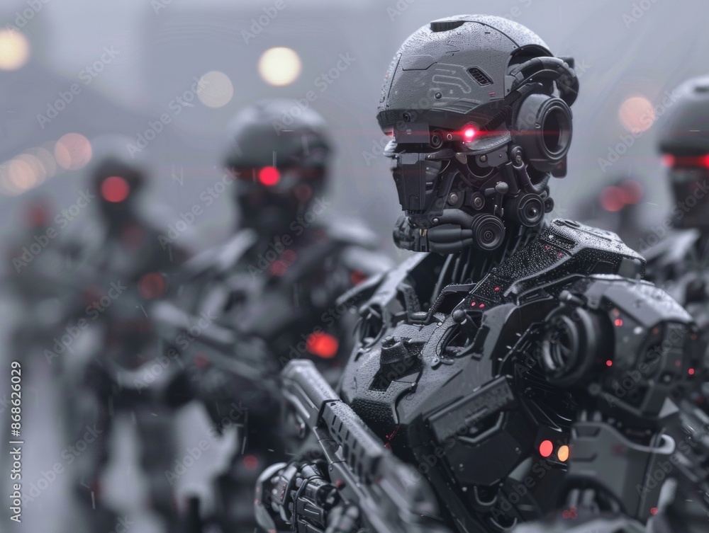 Advanced military robots with glowing red eyes standing in formation, showcasing futuristic technology in warfare and robotics. Advanced military robots with glowing red eyes standing in formation, showcasing futuristic technology in warfare and robotics.