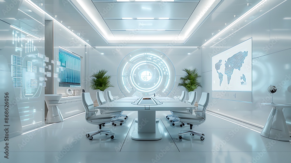 High resolution images A futuristic boardroom with executives using an AI assistant to review financial projections displayed on holographic screens The room features a white background, sleek High resolution images A futuristic boardroom with executives using an AI assistant to review financial projections displayed on holographic screens The room features a white background, sleek