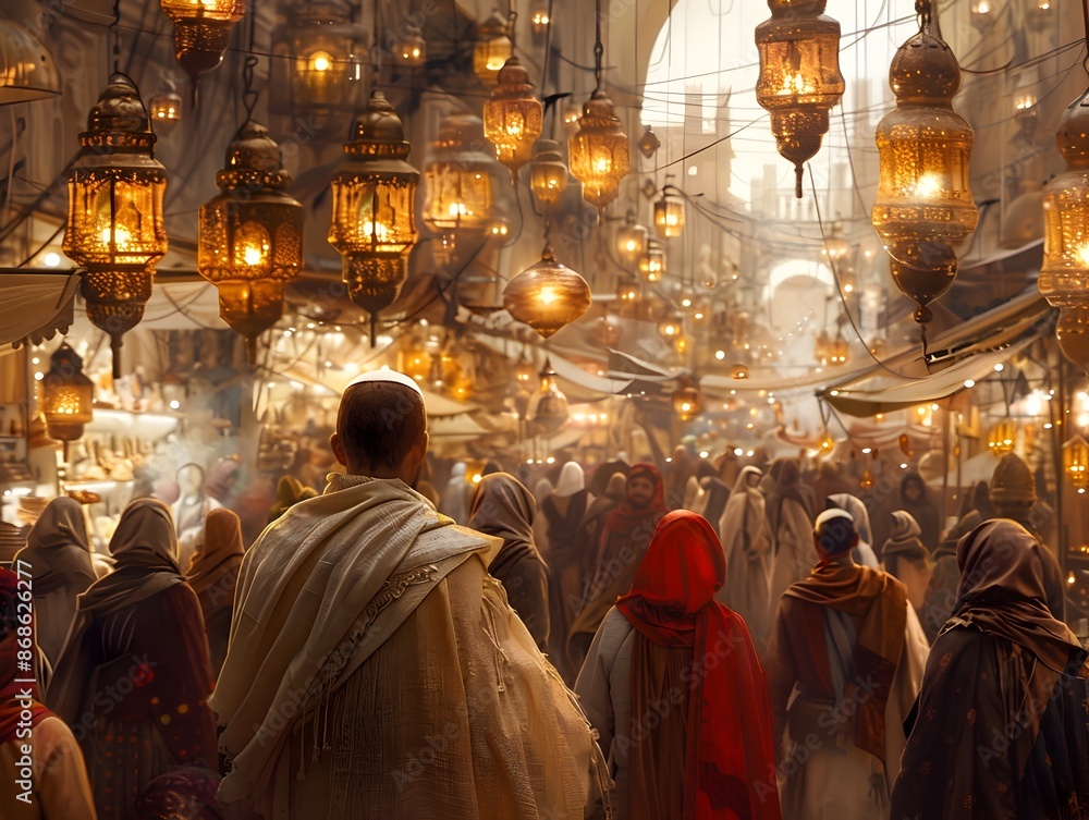 Obraz premium Vibrant Interstellar Merchant Bazaar with Diverse Goods and Charismatic Atmosphere