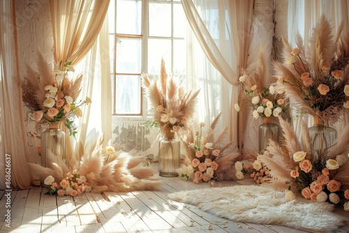 beautiful boho & Beige wedding backdrop with large pampas grass, roses and peonies in vases on the floor, delicate beige curtains, sunlight from window, professional photography, high resolution 