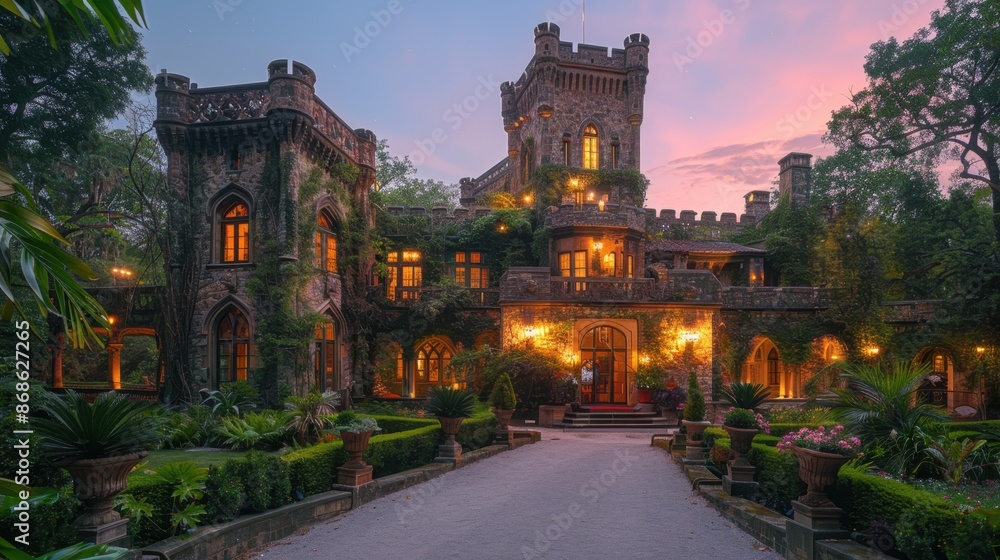 Obraz premium A majestic castle surrounded by lush gardens and mystical lights, evoking a sense of fairy tale wonder. The serene setting captures the essence of enchanted dreams.