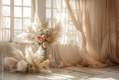 beautiful boho & Beige wedding backdrop with large pampas grass, roses and peonies in vases on the floor, delicate beige curtains, sunlight from window, professional photography, high resolution 