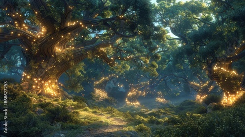 An enchanting forest with ancient trees, mystical lights, and hidden pathways. The serene landscape invites exploration and evokes a sense of wonder and tranquility.