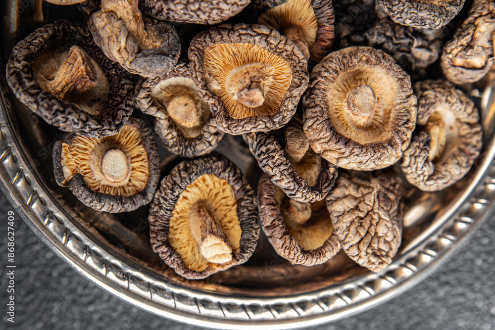 shiitake dried mushroom appetizer meal food snack on the table copy space food background rustic top view keto or paleo diet vegetarian vegan food shiitake dried mushroom appetizer meal food snack on the table copy space food background rustic top view keto or paleo diet vegetarian vegan food