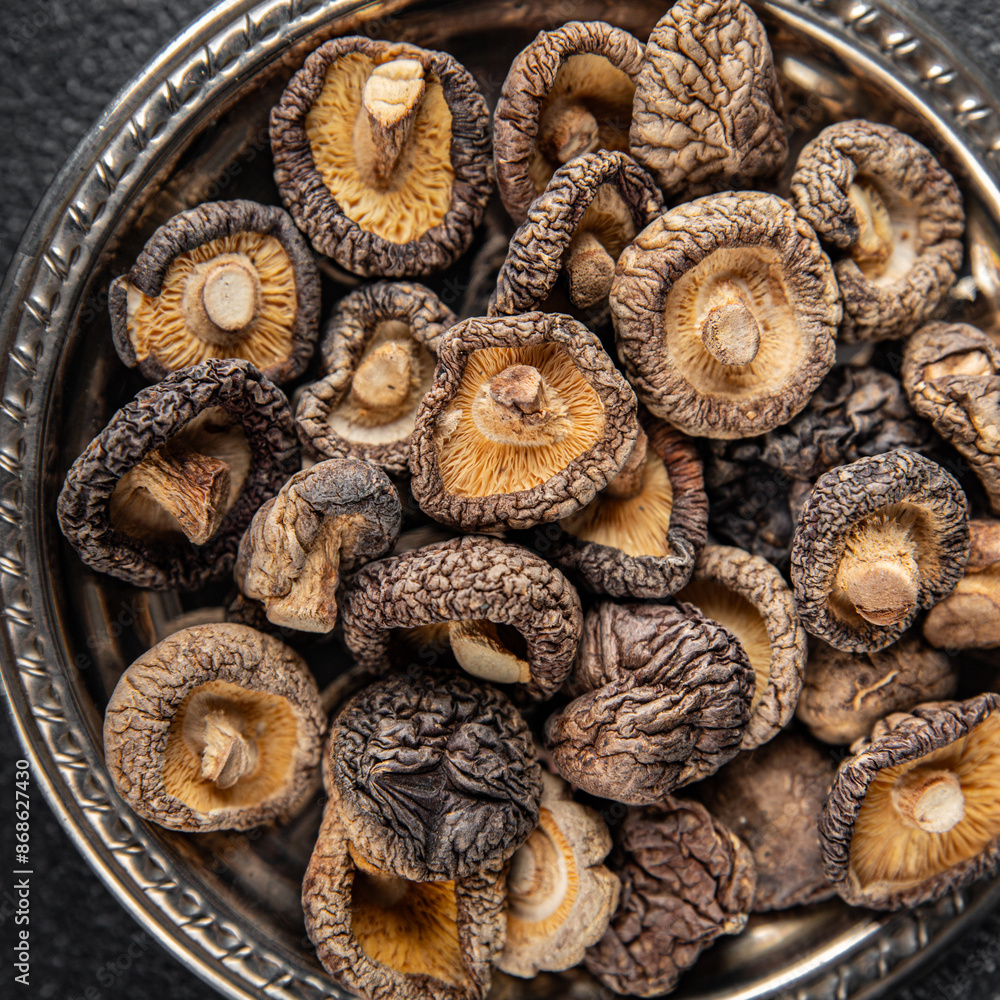 shiitake dried mushroom appetizer meal food snack on the table copy space food background rustic top view keto or paleo diet vegetarian vegan food shiitake dried mushroom appetizer meal food snack on the table copy space food background rustic top view keto or paleo diet vegetarian vegan food