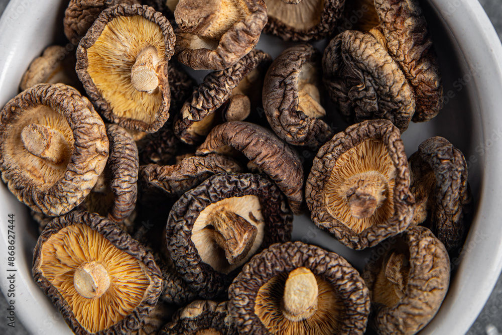 shiitake dried mushroom appetizer meal food snack on the table copy space food background rustic top view keto or paleo diet vegetarian vegan food shiitake dried mushroom appetizer meal food snack on the table copy space food background rustic top view keto or paleo diet vegetarian vegan food