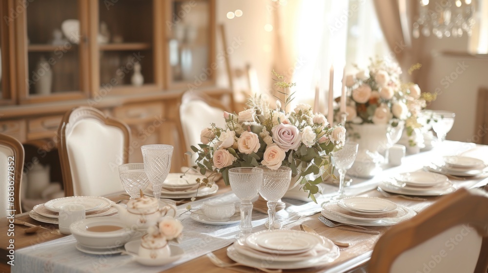 A beautifully arranged dining table and chair set with vintage decor captured with a warm light flare A beautifully arranged dining table and chair set with vintage decor captured with a warm light flare