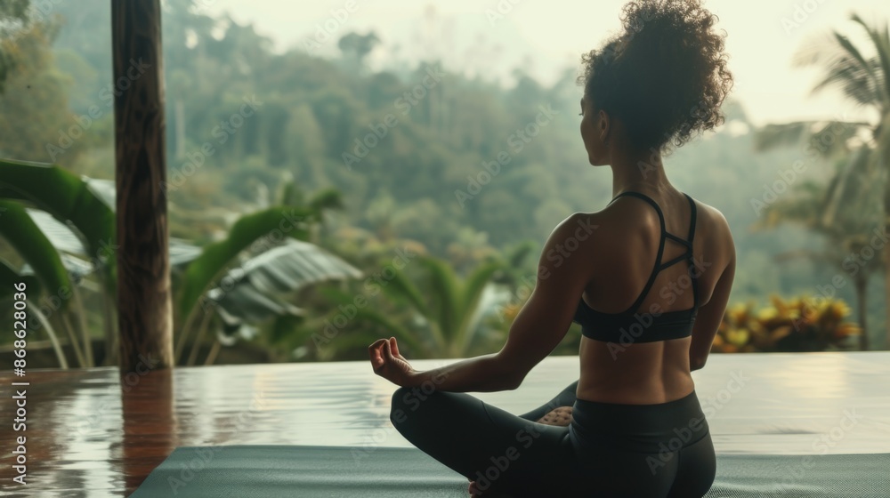 Fototapeta premium A woman is practicing meditation and mindfulness on a yoga mat in a serene environment