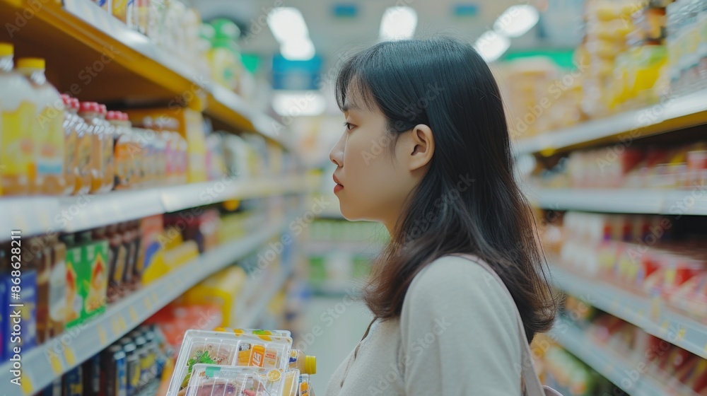 An Asian woman is shopping in a wellstocked grocery store carefully making decisions on products and brands An Asian woman is shopping in a wellstocked grocery store carefully making decisions on products and brands