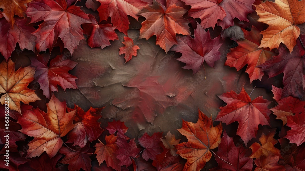 A close up of red leaves on a brown background. The leaves are arranged in a way that creates a sense of depth and texture. Scene is warm and inviting, evoking the feeling of autumn