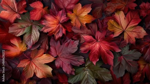 A close up of many red leaves on a black background. The leaves are of different sizes and colors, creating a vibrant and lively scene. Concept of autumn and the beauty of nature's changing colors photo