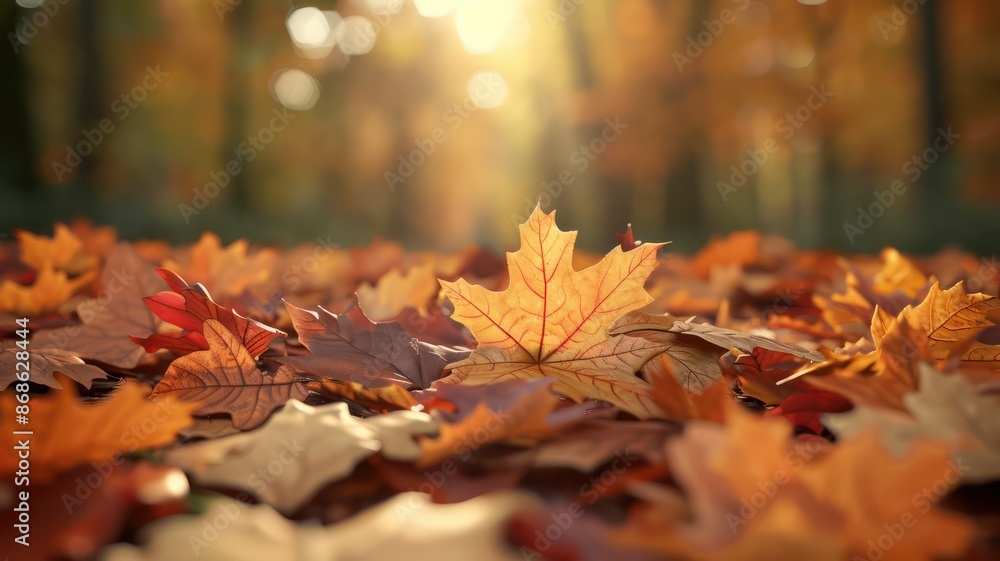 A pile of autumn leaves with a single leaf on top. The leaves are scattered all over the ground, creating a colorful and natural scene. Concept of tranquility and the beauty of the changing seasons A pile of autumn leaves with a single leaf on top. The leaves are scattered all over the ground, creating a colorful and natural scene. Concept of tranquility and the beauty of the changing seasons