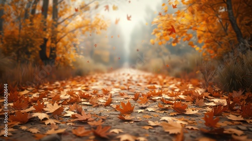 Wallpaper Mural A path in a forest is covered in fallen leaves. The leaves are scattered all over the ground, creating a colorful and peaceful scene. Concept of tranquility and the beauty of nature Torontodigital.ca