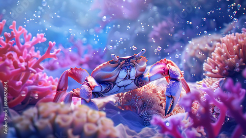 A beautiful underwater image of a crab in a coral reef. The crab is perched on a rock, surrounded by colorful coral and fish. photo
