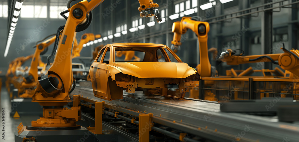 Robotic assembly line in an automotive factory Robotic assembly line in an automotive factory