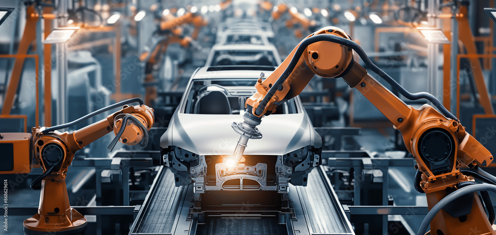 Robotic assembly line in an automotive factory Robotic assembly line in an automotive factory