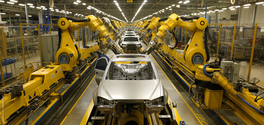 Robotic assembly line in an automotive factory