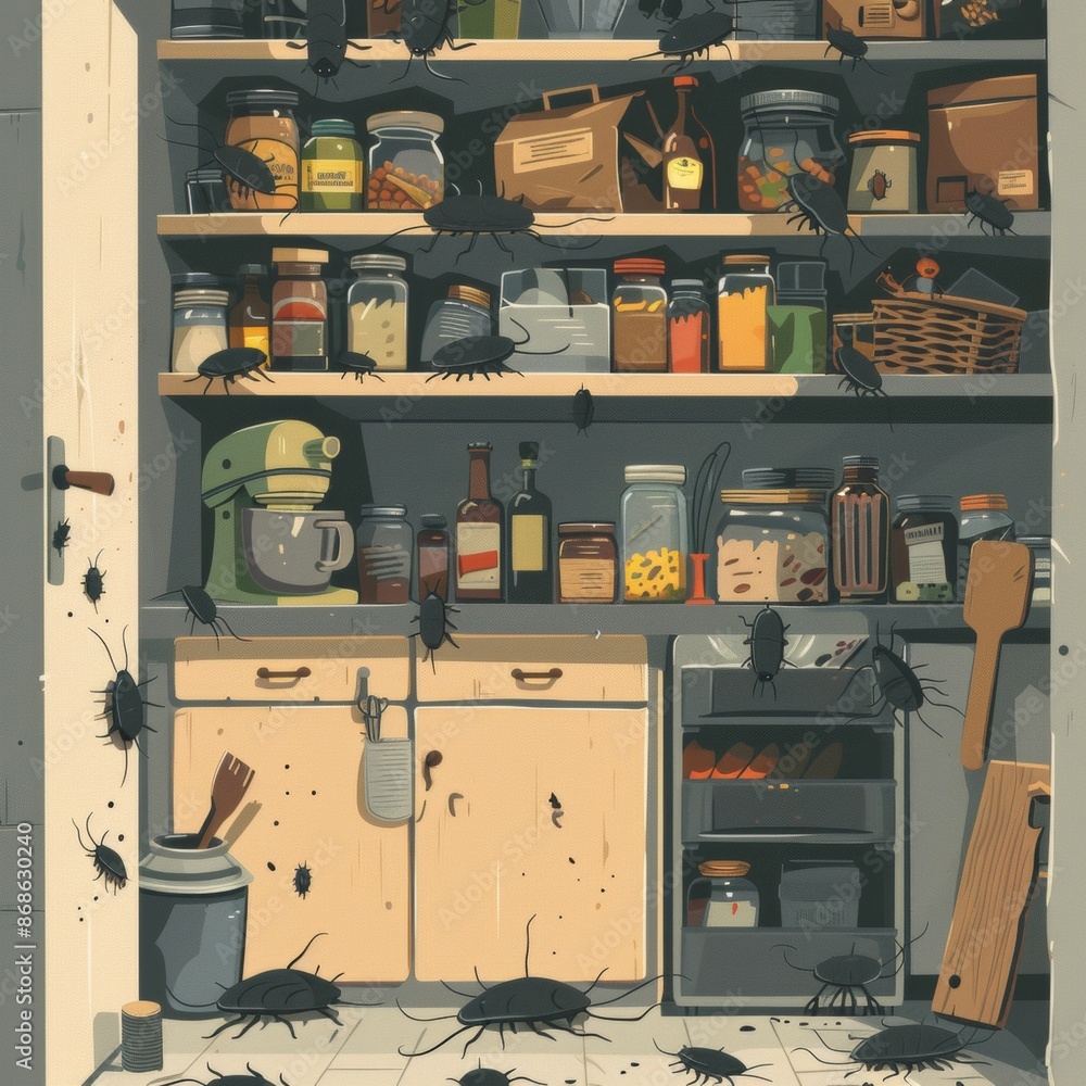 Pest Invasion in a Messy Pantry - Flat Design Illustration of Cockroach Infestation in Cluttered Kitchen Cabinet Pest Invasion in a Messy Pantry - Flat Design Illustration of Cockroach Infestation in Cluttered Kitchen Cabinet