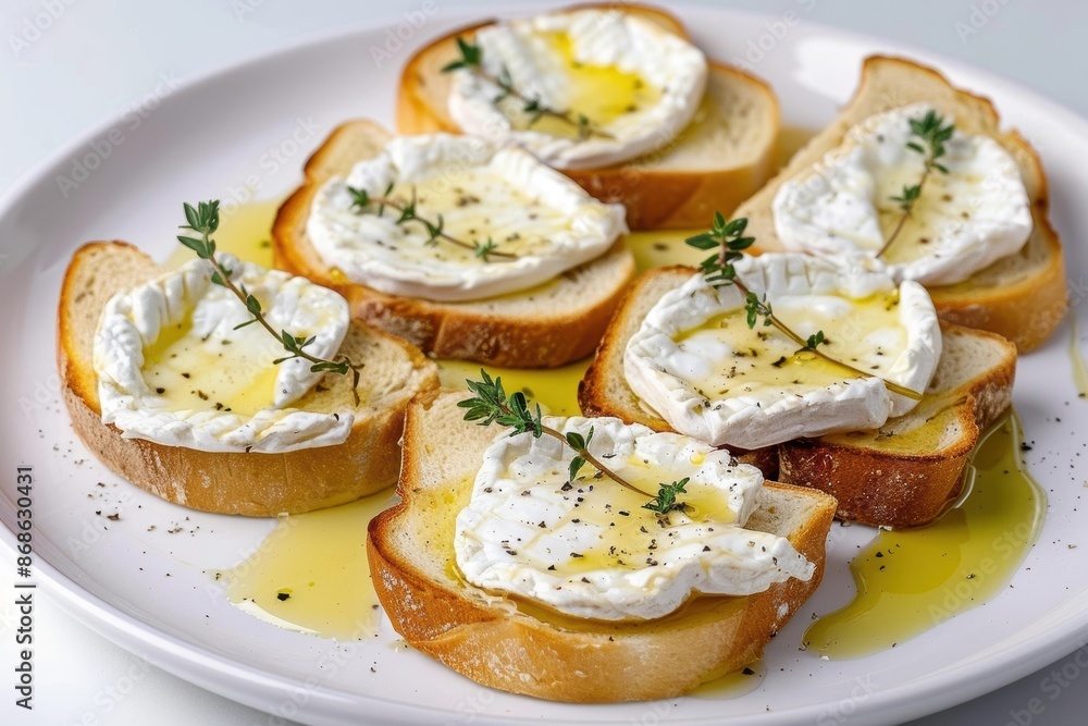 Gourmet Goat Cheese on Toast with Olive Oil and Sea Salt Garnish Gourmet Goat Cheese on Toast with Olive Oil and Sea Salt Garnish