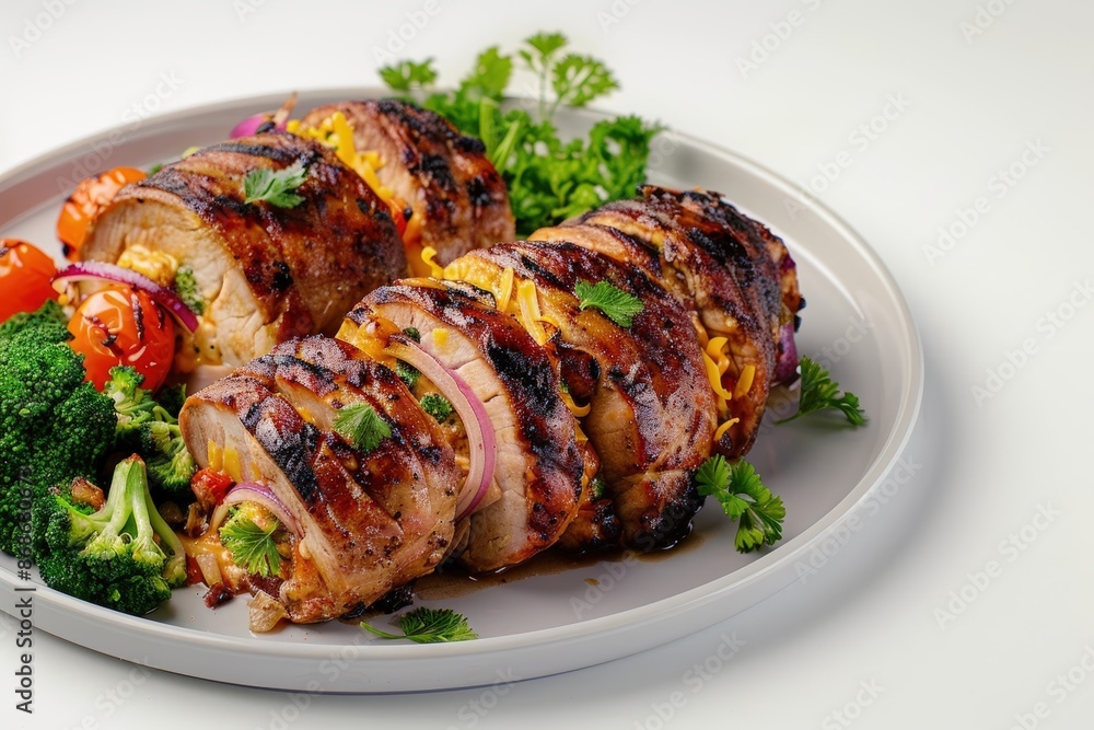 Grilled Pork Roulade with Cheddar, Broccoli, and Fresh Tomatoes Grilled Pork Roulade with Cheddar, Broccoli, and Fresh Tomatoes