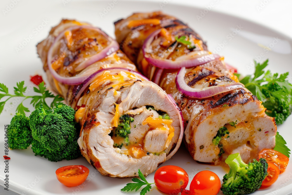 Grilled Cheese-Stuffed Pork Roulade with Broccoli and Cherry Tomatoes Grilled Cheese-Stuffed Pork Roulade with Broccoli and Cherry Tomatoes