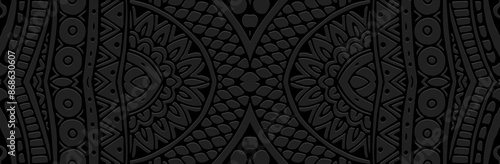 Banner, cover design. Relief geometric ethnic original 3D pattern on a black background. Ornaments, arabesques, doodles, zentangles. Handmade style of East, Asia, India, Mexico, Aztec, Peru.
