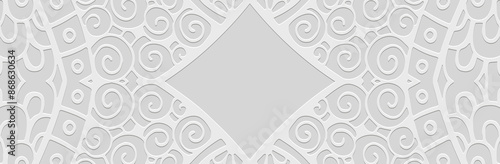 Banner, cover design. Embossed geometric ethnic unique 3D pattern on white lorem background. Ornaments, arabesques, doodles, zentangles. Handmade style of East, Asia, India, Mexico, Aztec, Peru.