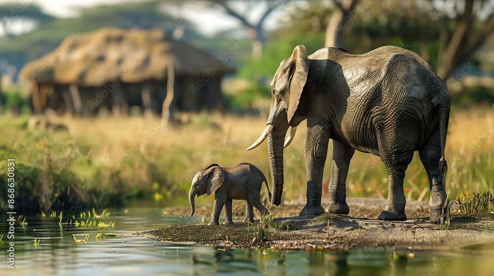 Fototapeta premium A mother elephant walks by her baby in a beautiful farm by the pool of water very detailed and realistic shape