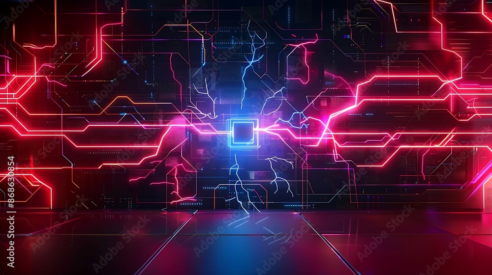 Fototapeta premium A modern tech background in square shape with red and blue lights lightning very detailed and realistic shape