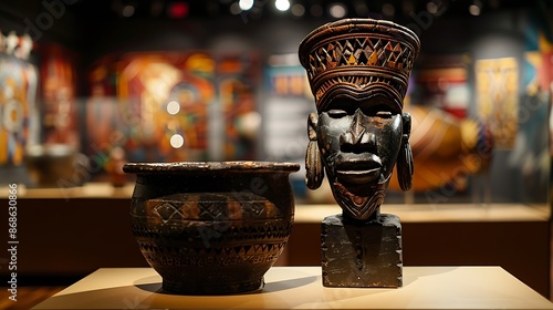 A museum exhibit showcasing a traditional African mask alongside a modern steelpan, highlighting the cultural connection and resilience of African heritage photo