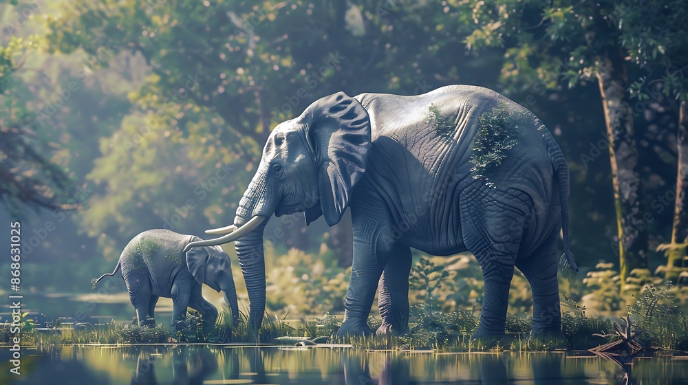 Fototapeta premium A mother elephant walks by her baby in a beautiful farm by the pool of water very detailed and realistic shape